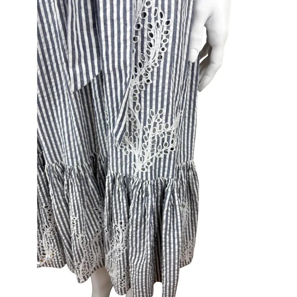 Tory Burch Women's Eyelet Striped Seersucker Midi Dress Blue White Size 2
